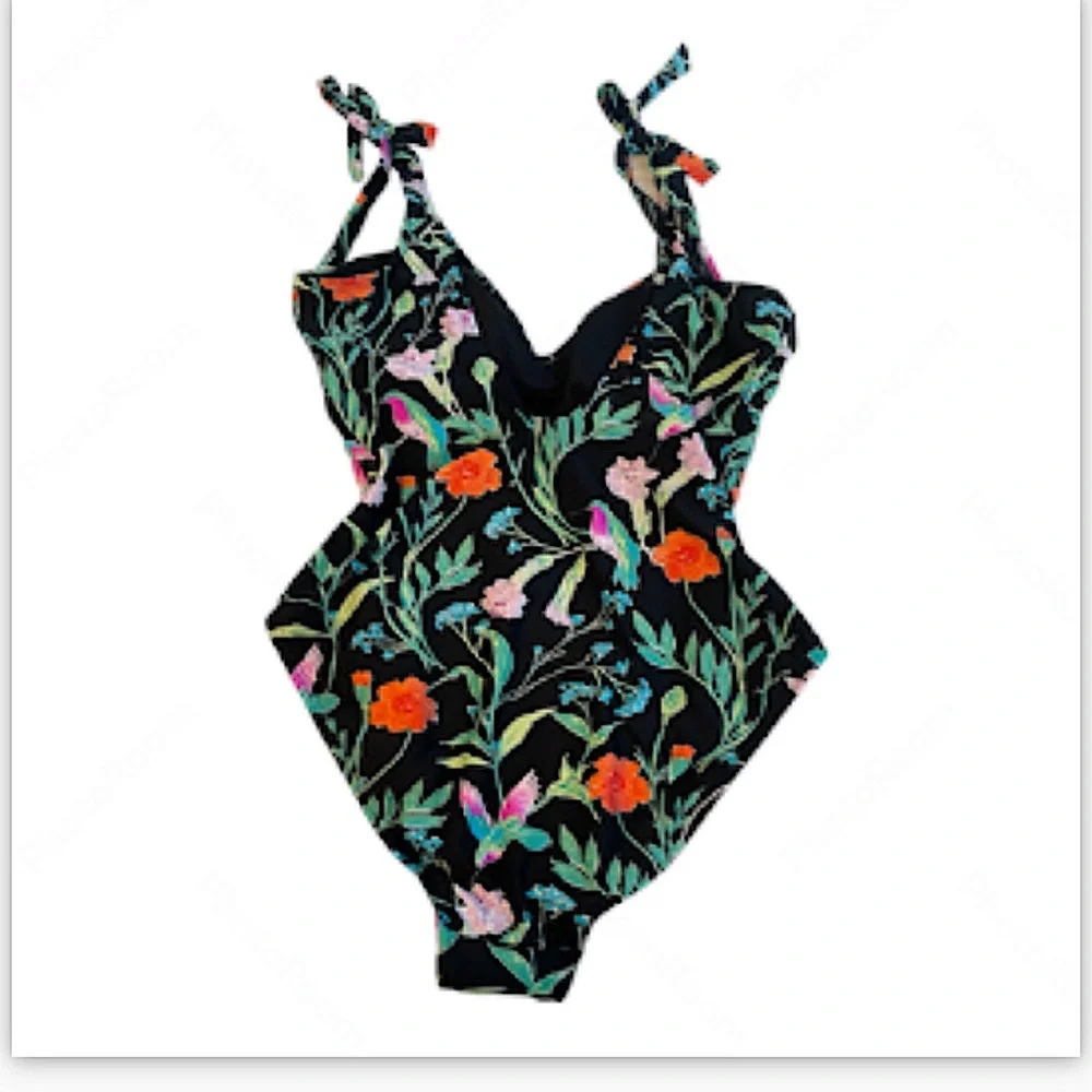 NWT Kate Spade Multicolor Floral Shoulder Tie V-Neck One-Piece Swimsuit. Large.